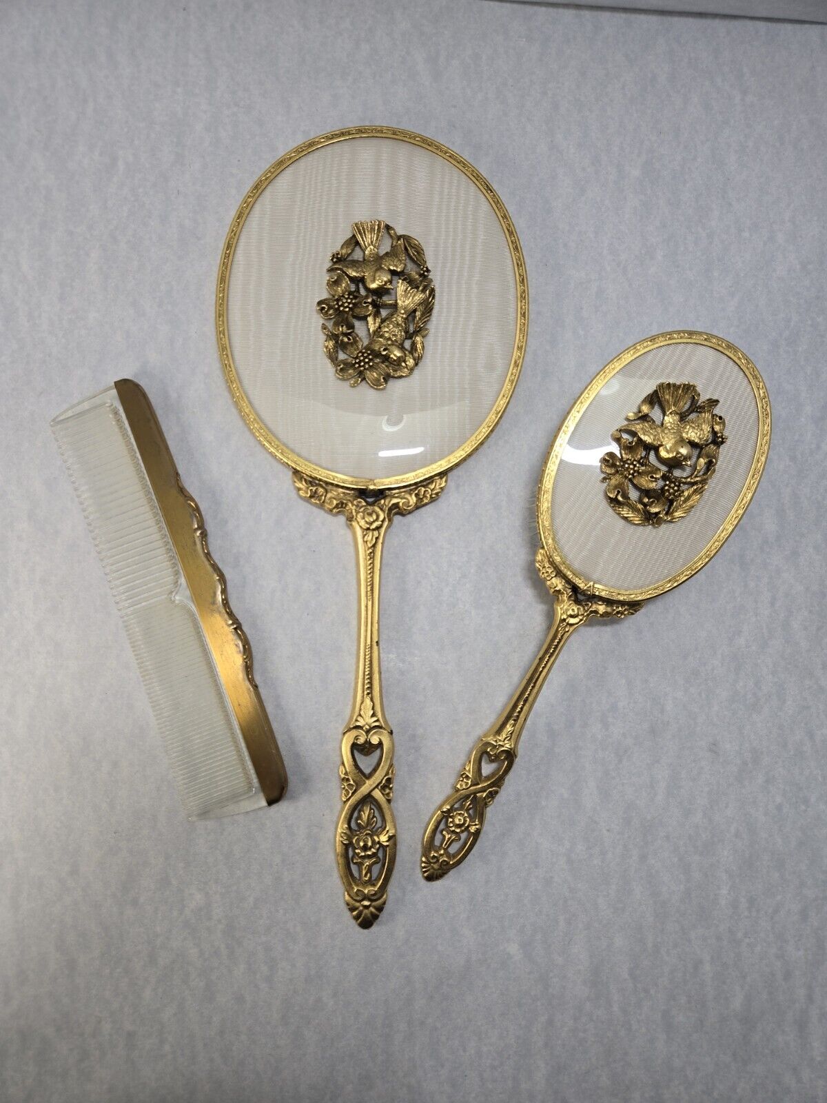 Vintage Matson 3 Piece Vanity Set Gold Tone Birds & Floral Mirror Brush Comb