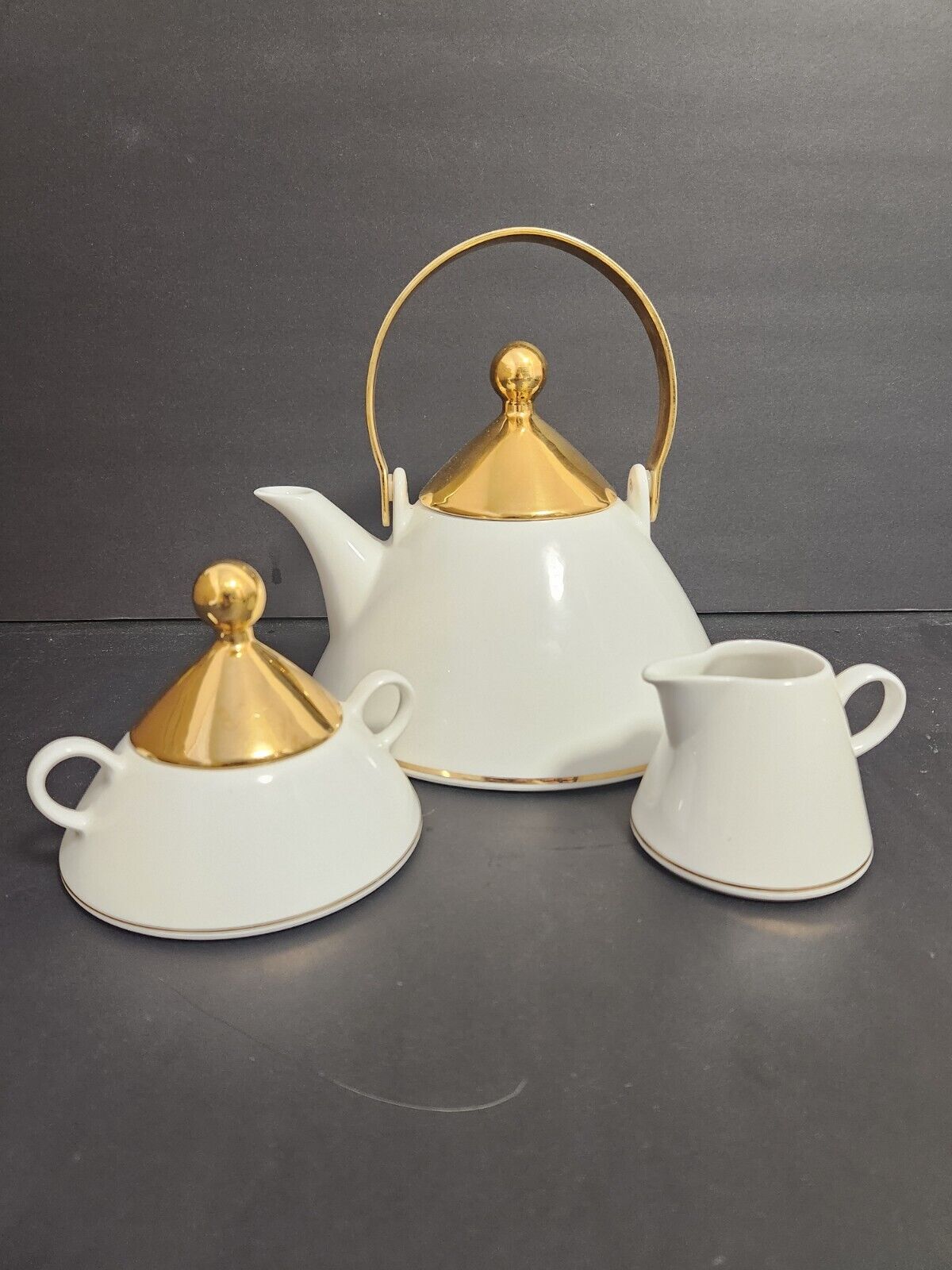 Vtg Arabia Finland HARLEKIN GOLD Porcelain Teapot, Creamer & Lidded Sugar Bowl