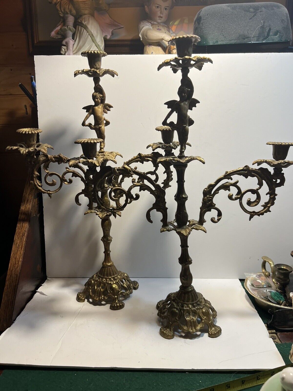 Pair Antique French Bronze  Angels Candelabras 19  1/4 “ Ht Late 19th Century