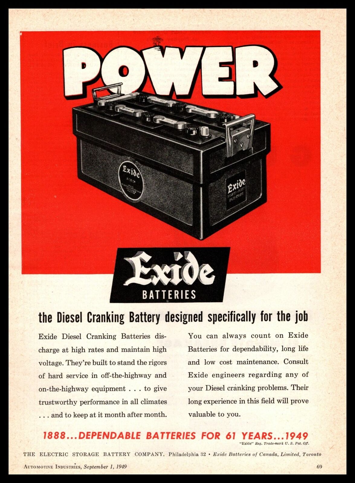 1949 Electric Storage Battery Company Exide Diesel Cranking Batteries Print Ad