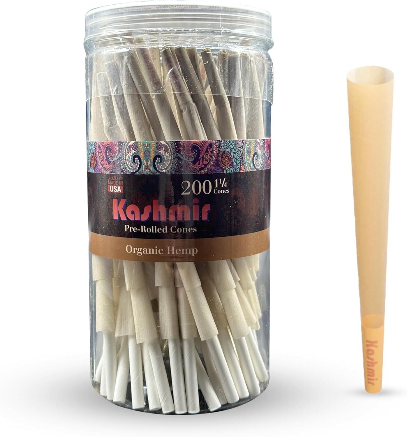 Kashmir Pre Rolled Cones 1 1/4 Size Smooth Organic Rolling Papers Cones - 200 Ct