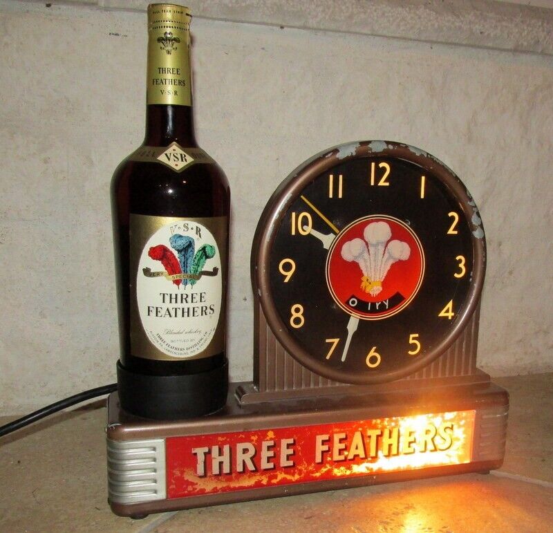 1940'S ART DECO THREE FEATHERS LIGHTED WHISKEY DISPLAY,  CLOCK, AND BOTTLE