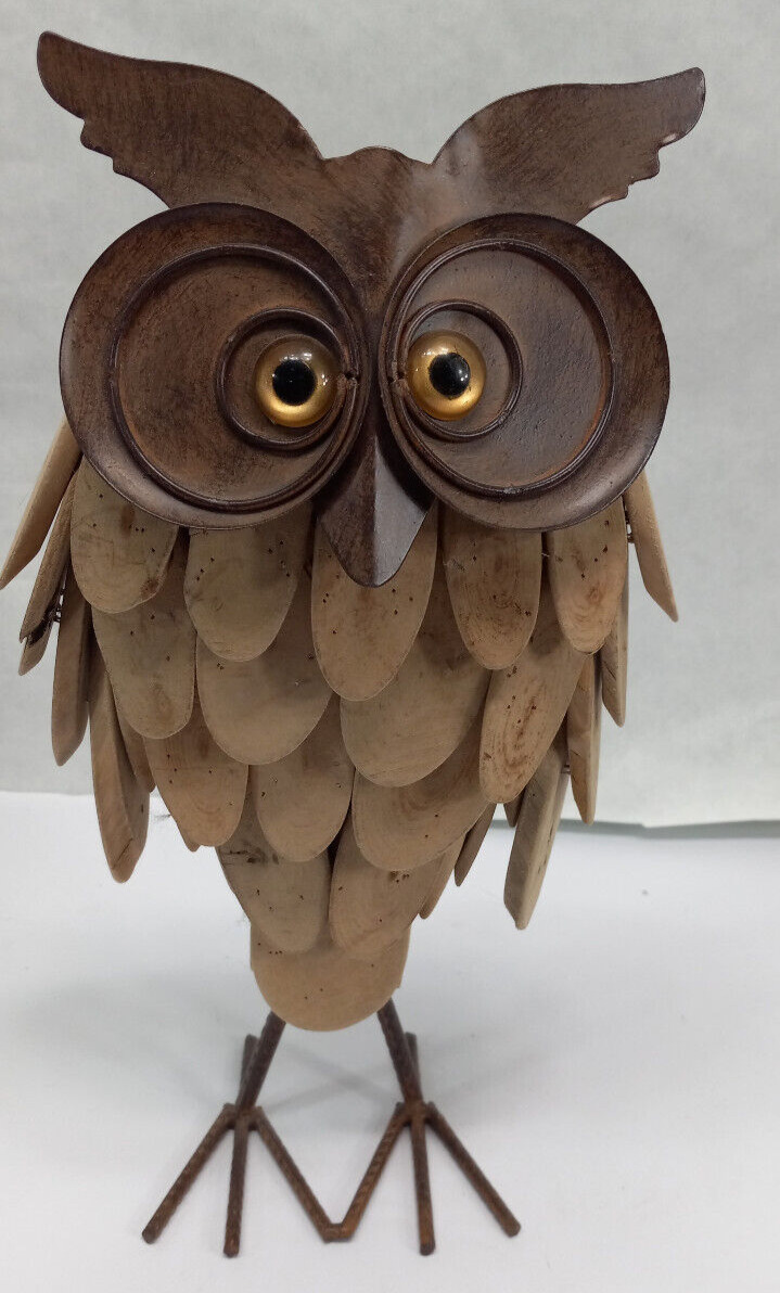 Vintage? Hand Made Wooden Folk Art Owl Decor Figure Statue Southwestern Metal
