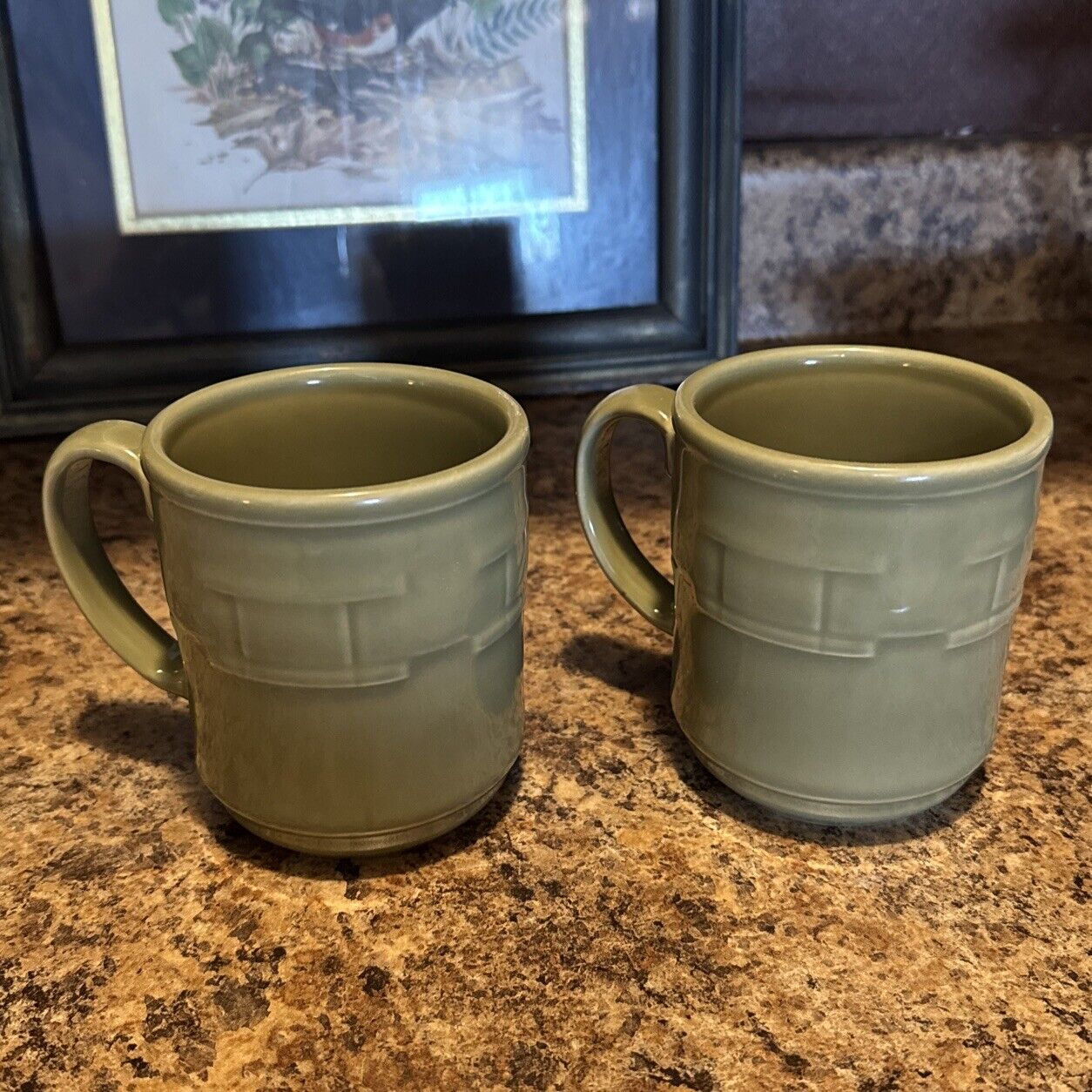 Longaberger Pottery Woven Traditions Sage Green Coffee Mug Cup USA Set Of 2