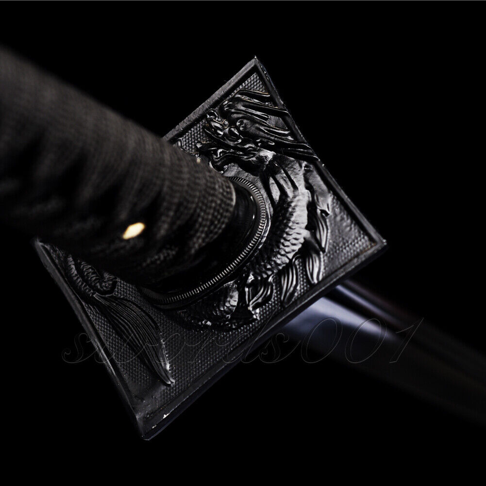 Black Blade Ninja Sword Japanese Samurai Katana Folded Steel Dragon Square Tsuba