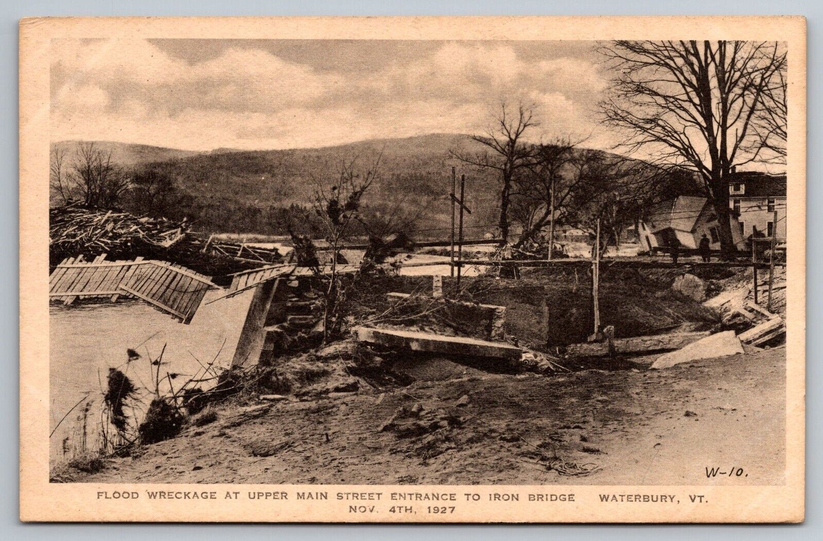 Flood Wreckage Upper Main St Entrance to Iron Bridge. Waterbury Vermont Postcard
