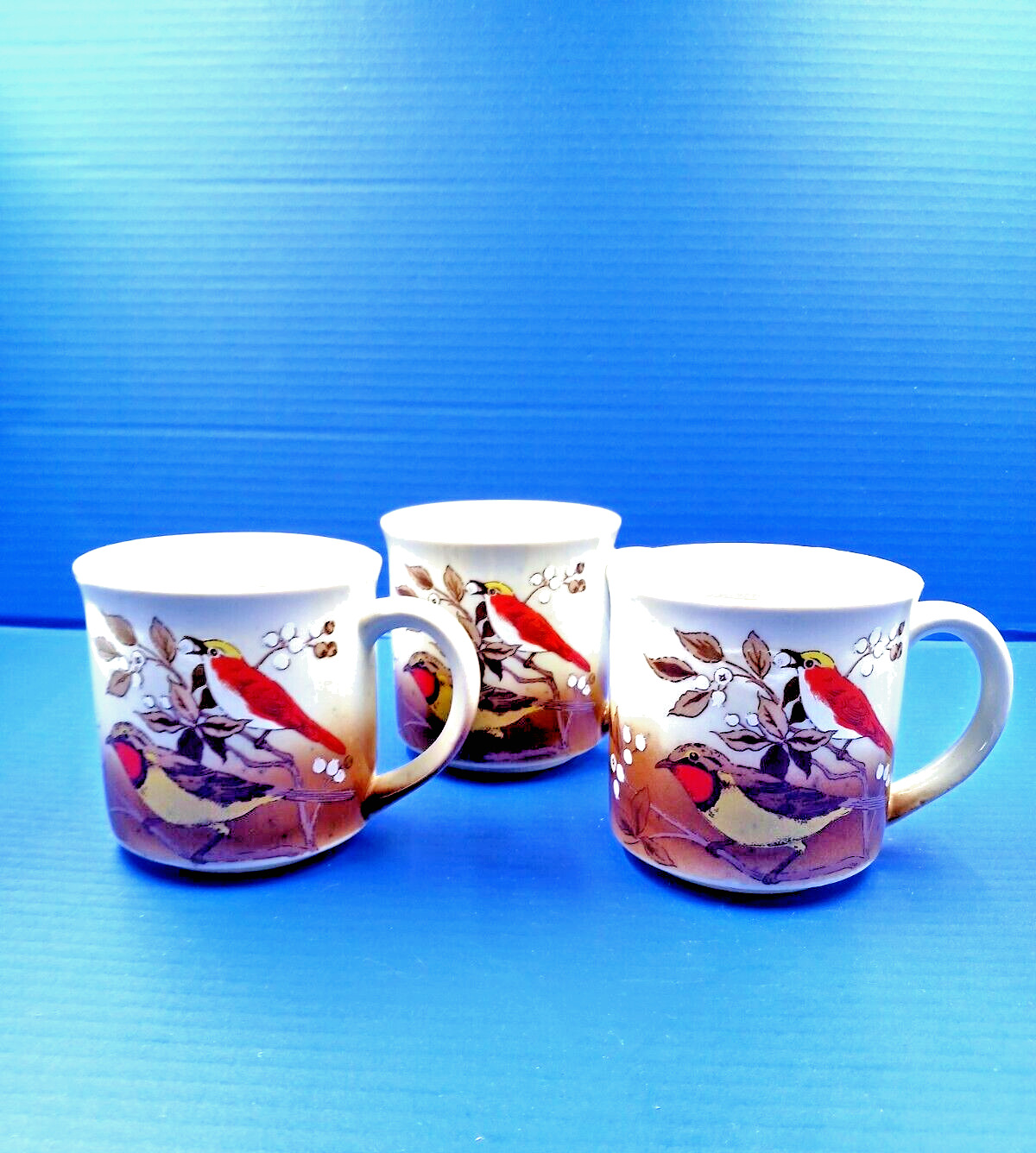 3 Vintage Otagiri Stoneware Coffee Mug ~ Colorful Birds Eating Berries ~ 8 OZ.
