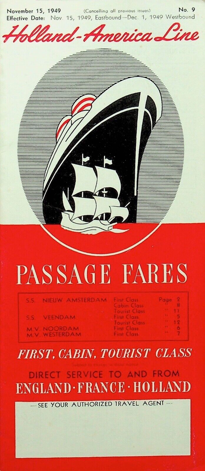 1949 Holland America Line PASSAGE FARES ENGLAND, FRANCE HOLLAND - E12-A