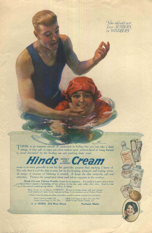 Don’t fear sunburn or wndburn: Hinds Cream ad 1917 handsome lifeguard & girl
