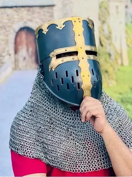 Medieval 14 Gauge Brass And Steel Templar Helmet With Riveted Chain mail Cosplay