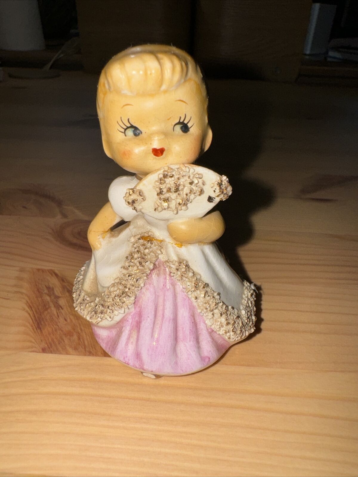 Vintage Lefton? Girl Bell Figurine Spaghetti Trim Pink