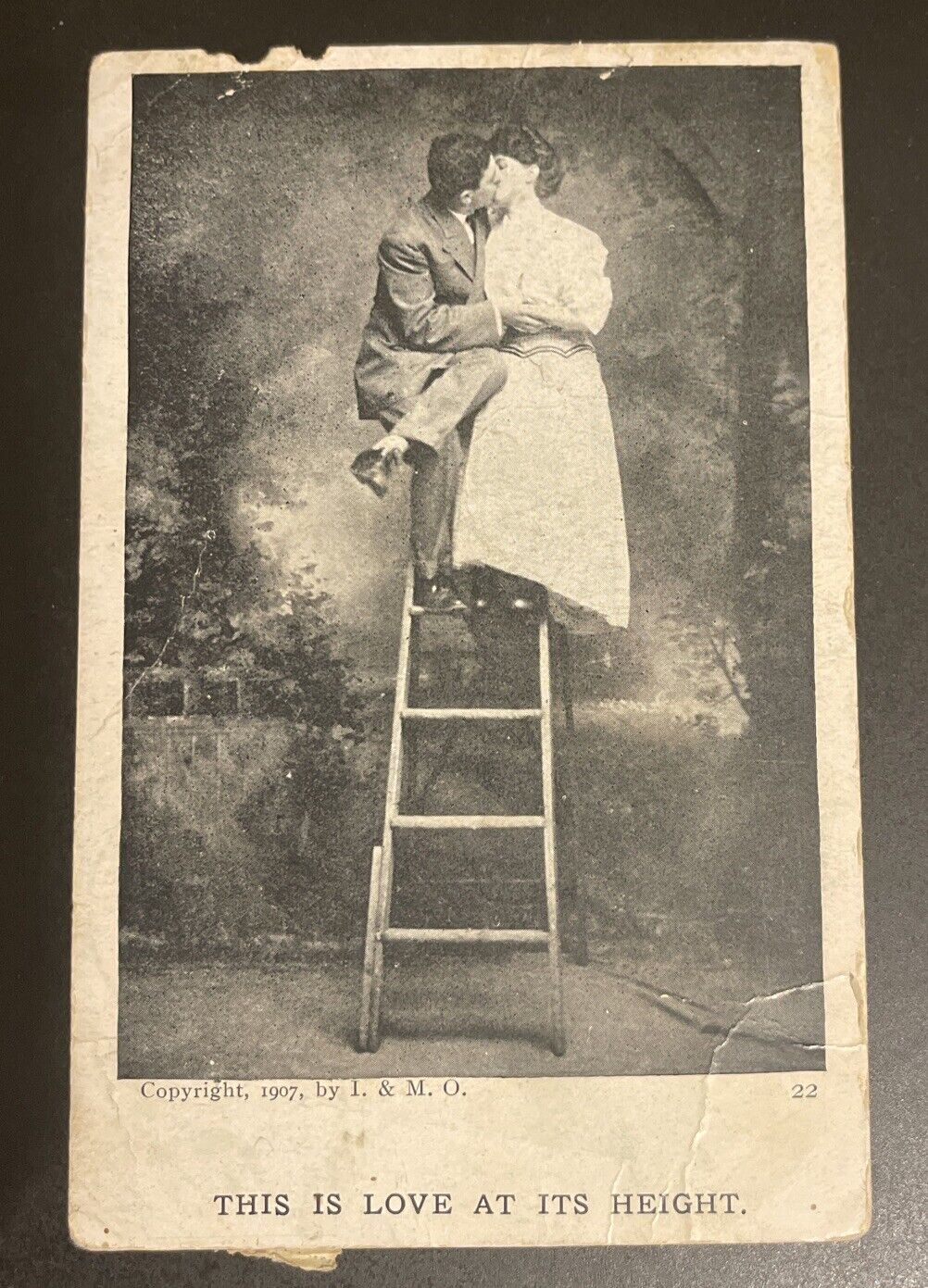 Early Vintage Postcard Romance This is Love At Its Height Up a Ladder Kissing  