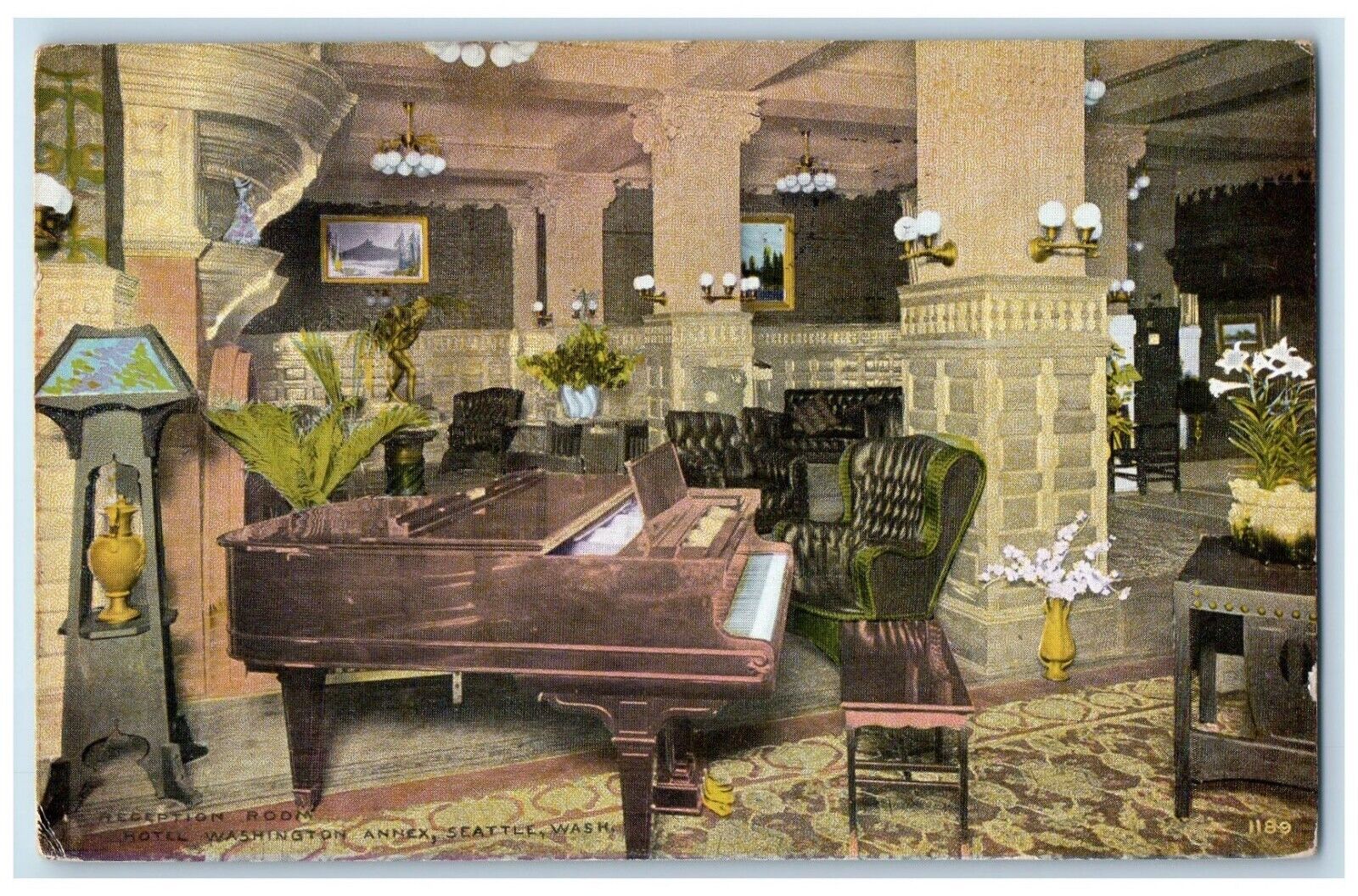 1909 Hotel Washington Grand Piano Hall Couch Annex Seattle Washington Postcard