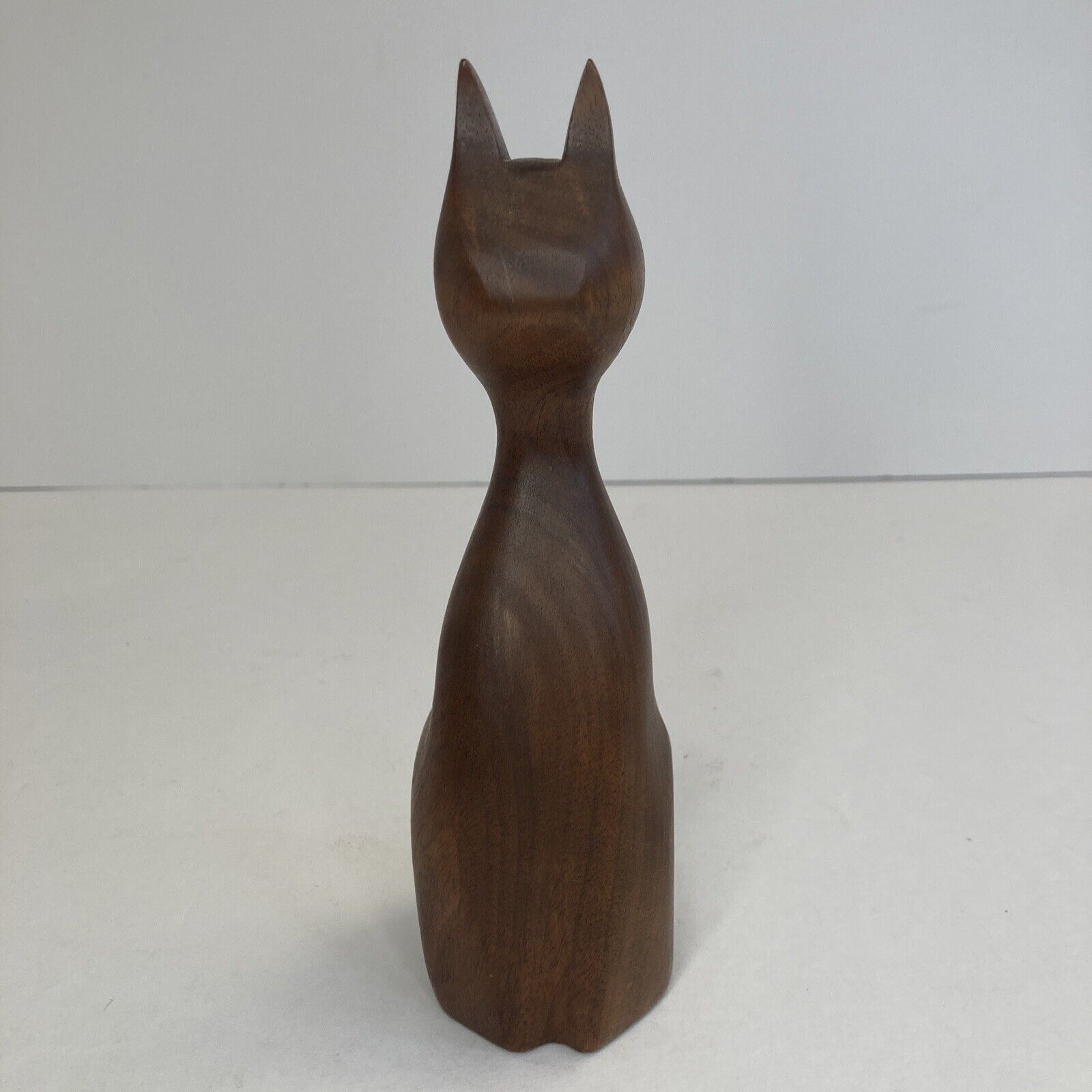 Handmade Wood Carved Cat Decorative Figurine Dark Wood 8” (B1)