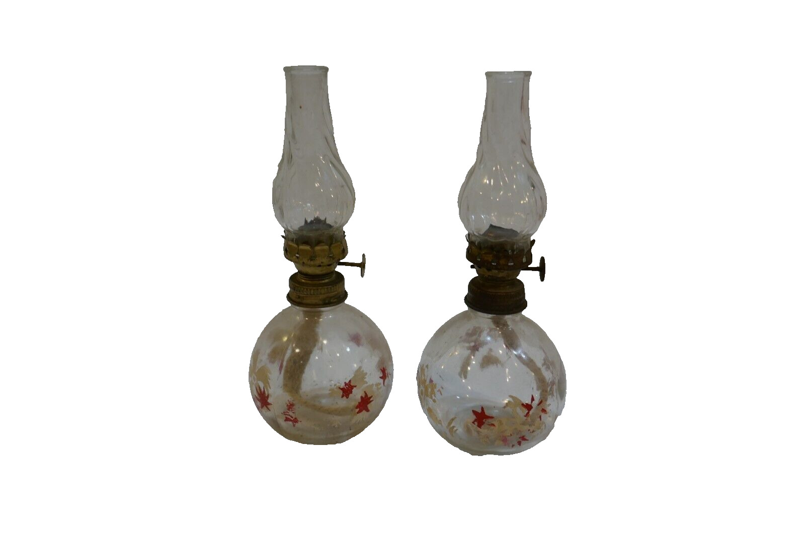 Pair Small Vintage Fire Works Painted Clear Glass Oil Lamps  7 1/2”