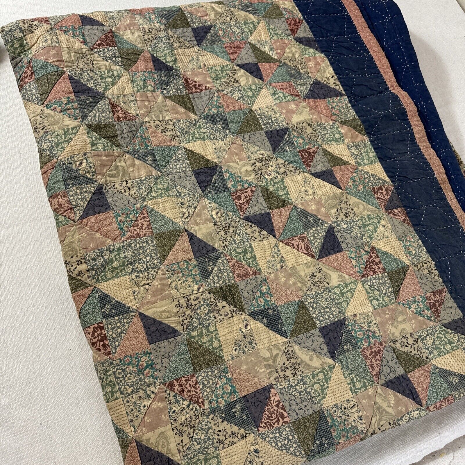 Vintage Quilt Block Patchwork Calico Triangles Farm Primitive Grandma 92x100 in