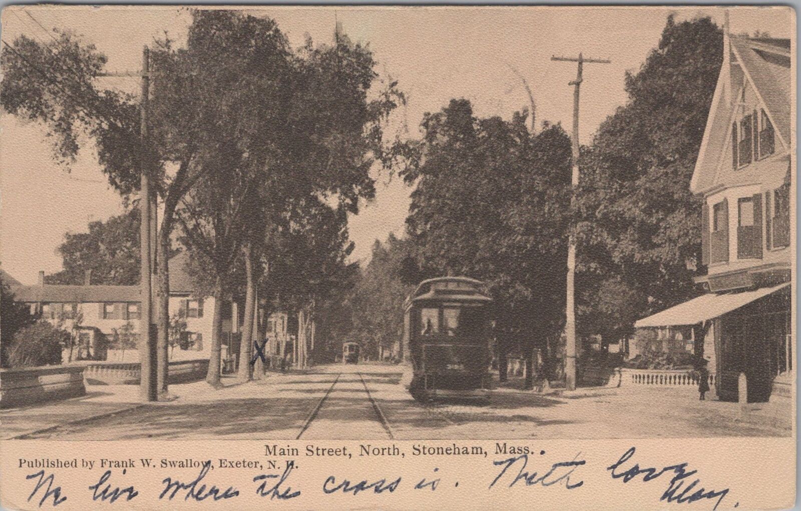 Main Street North, Stoneham Massachusetts Trolley 1907 Postcard