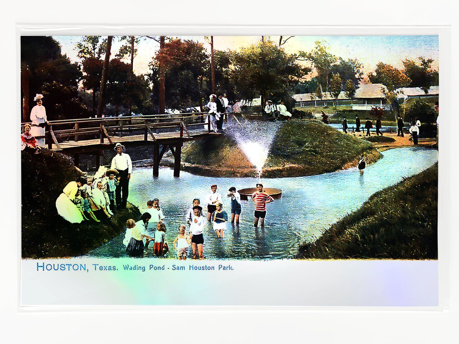 Wading Pond - Sam Houston Park Texas Postcard - Enhanced *Holographic Silver*