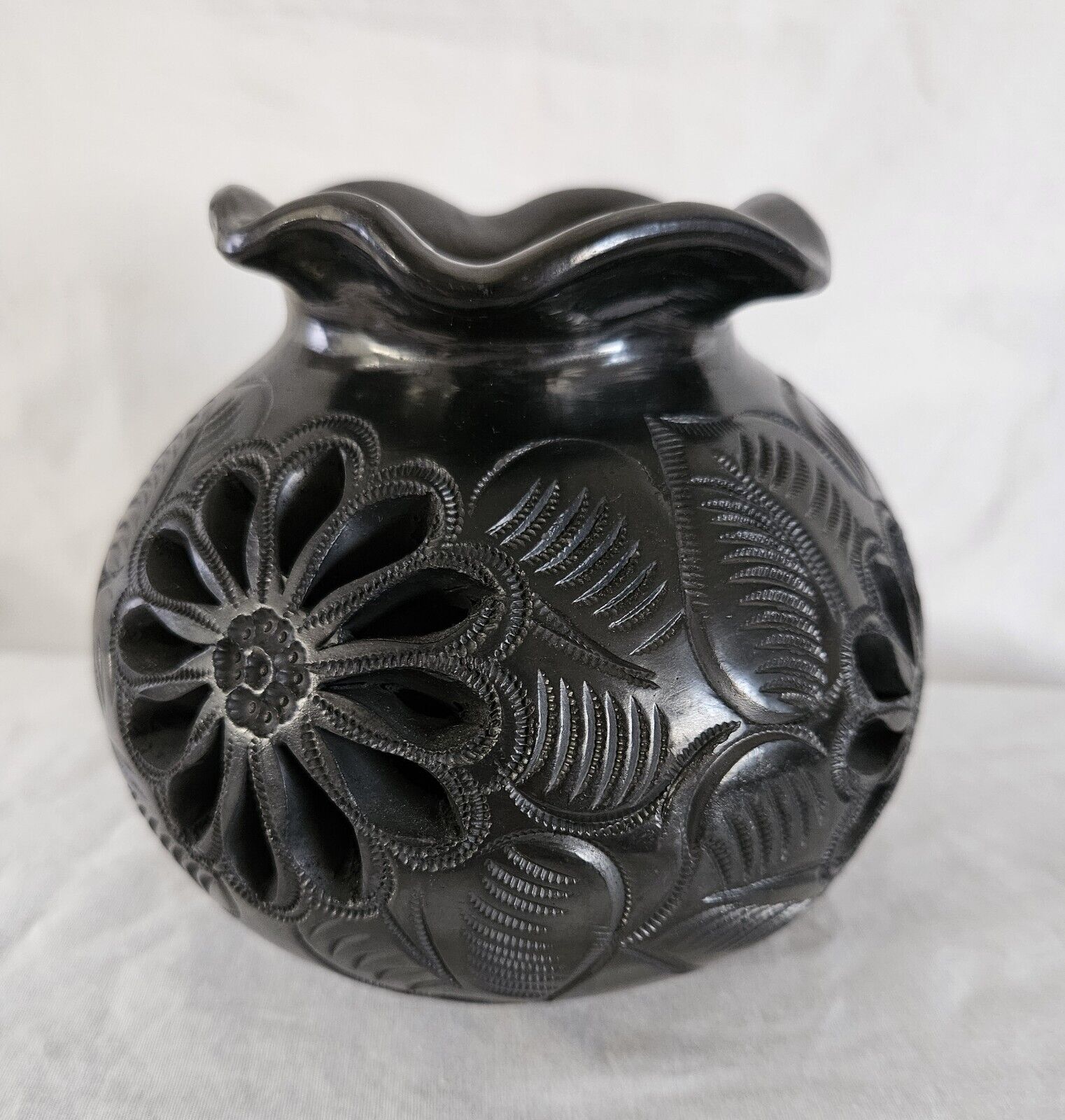 Vintage Dona Rosa Oaxaca Mexico Black Pottery Carved Pot Round Pierced Signed 
