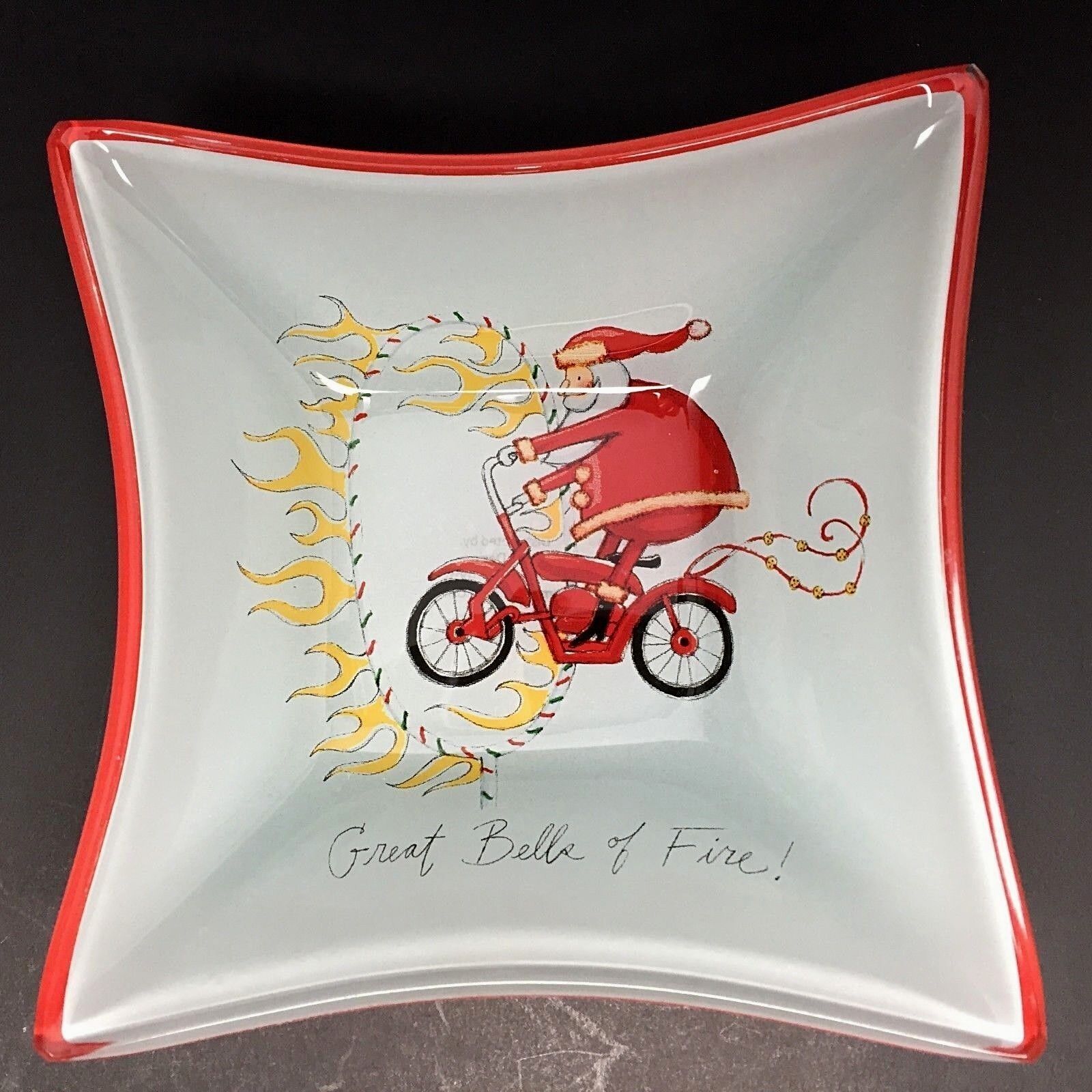 Cyclist Gift Santa on Bike Great Bells of Fire Dish for Trinkets, Candy, Nuts 