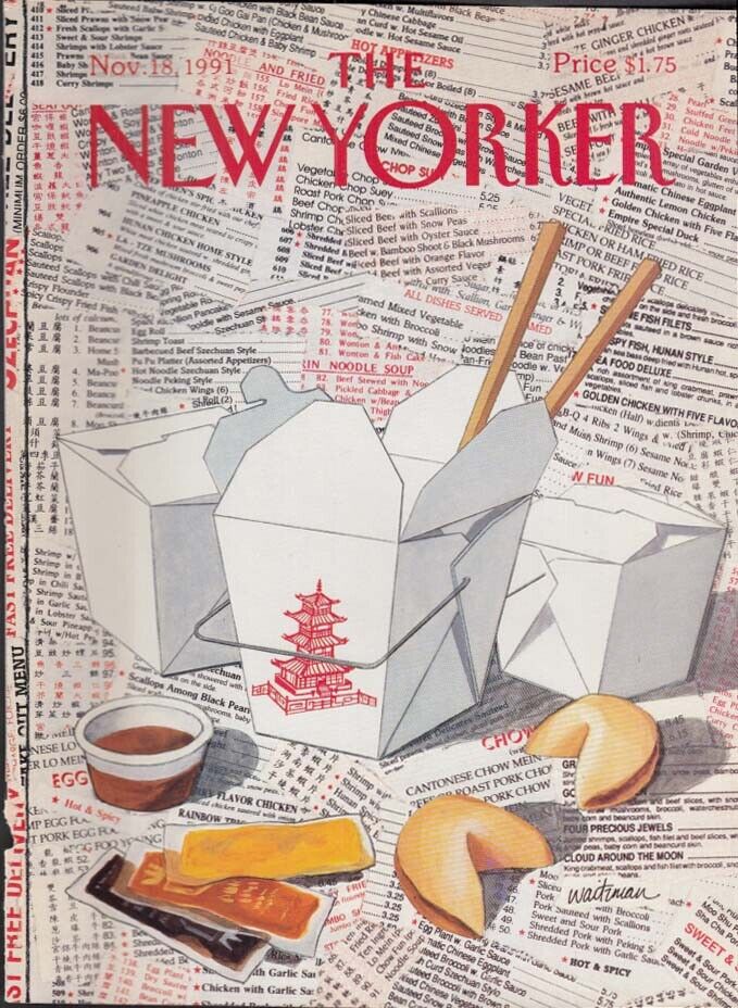 New Yorker cover 11/18 1991 Waitzman: Chinese take-out over menu collage