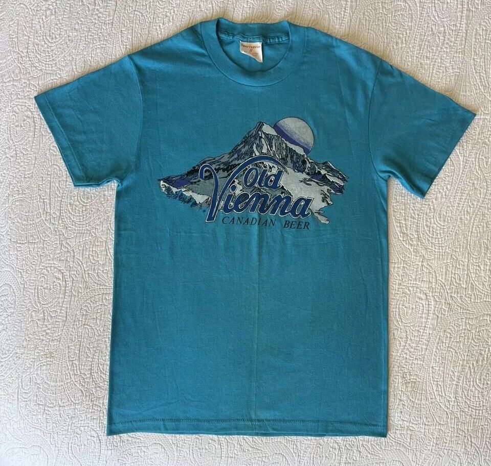 Vintage 80s T Shirt OV Old Vienna Canadian BEER WORLD Size M Single Stitch Blue
