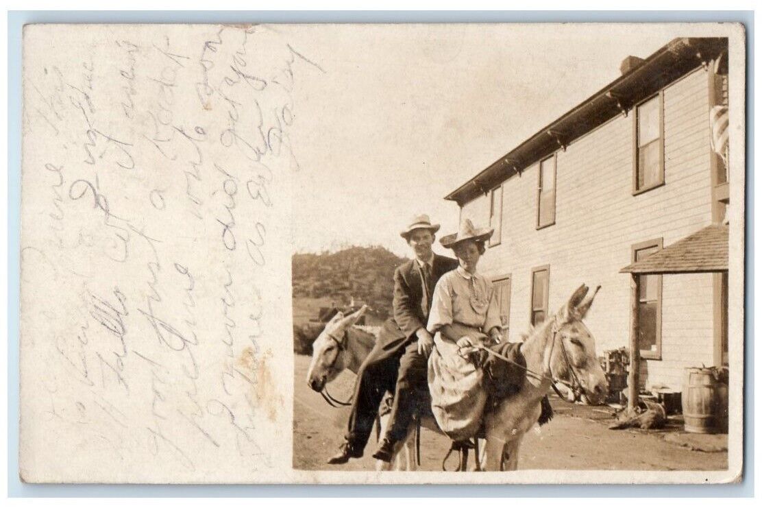 1907 Man Woman Donkey Hats Watonga Oklahoma OK RPPC Photo Posted Postcard