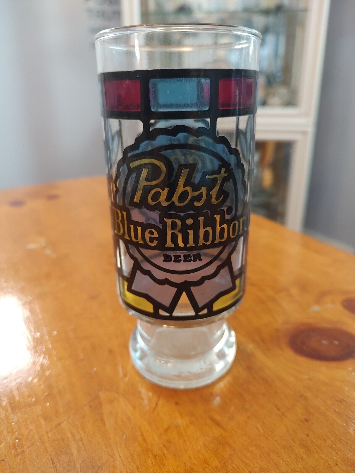 Vintage 1970s Pabst Blue Ribbon 14 ounce bar beer glass stained glass look PBR