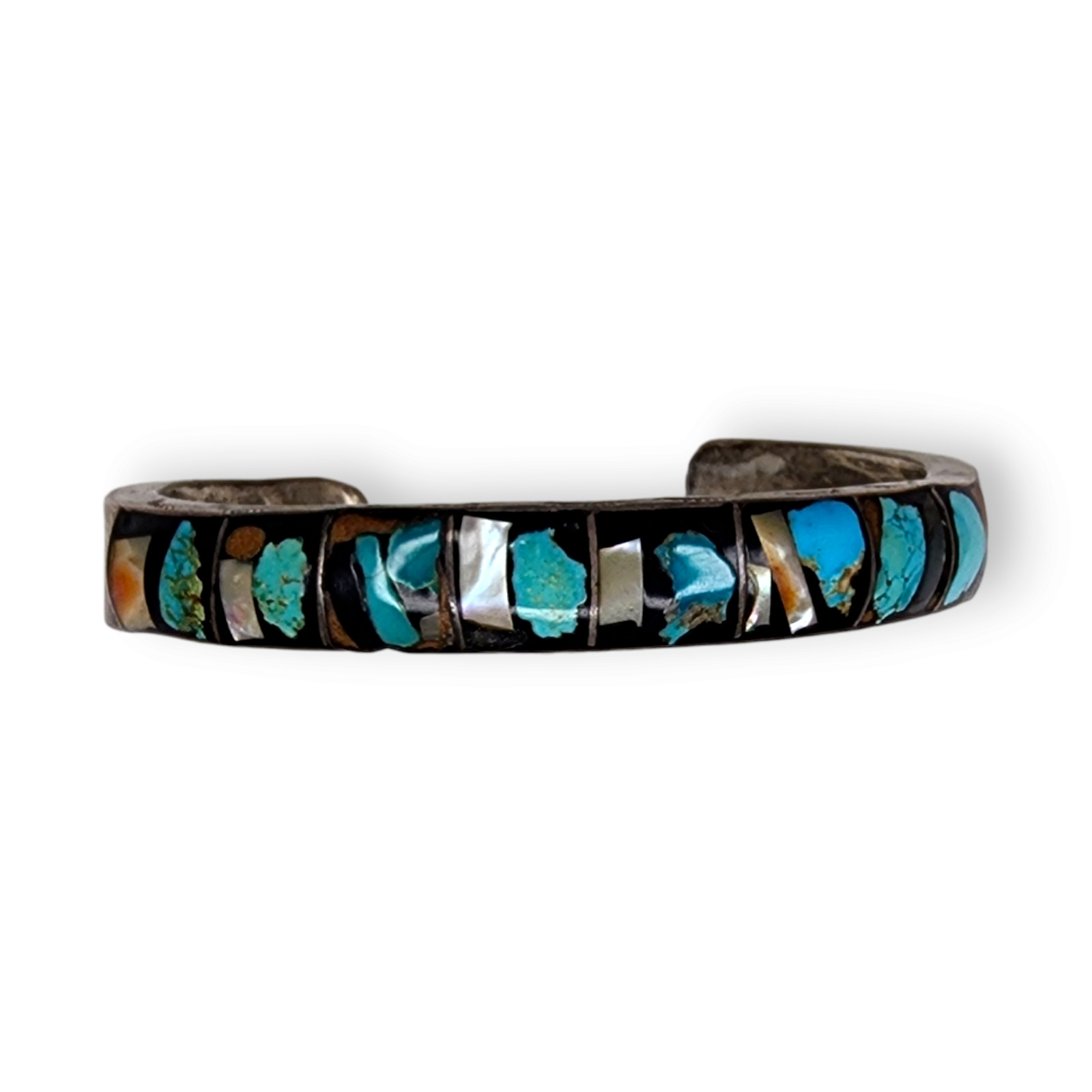 Vintage Native American Sterling Silver Turquoise Shell Inlay Cuff Bracelet