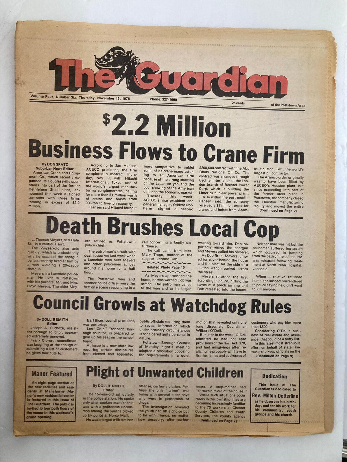 The Guardian Newspaper November 16 1978 Vol 4 #6 Death Brushes Local Cop