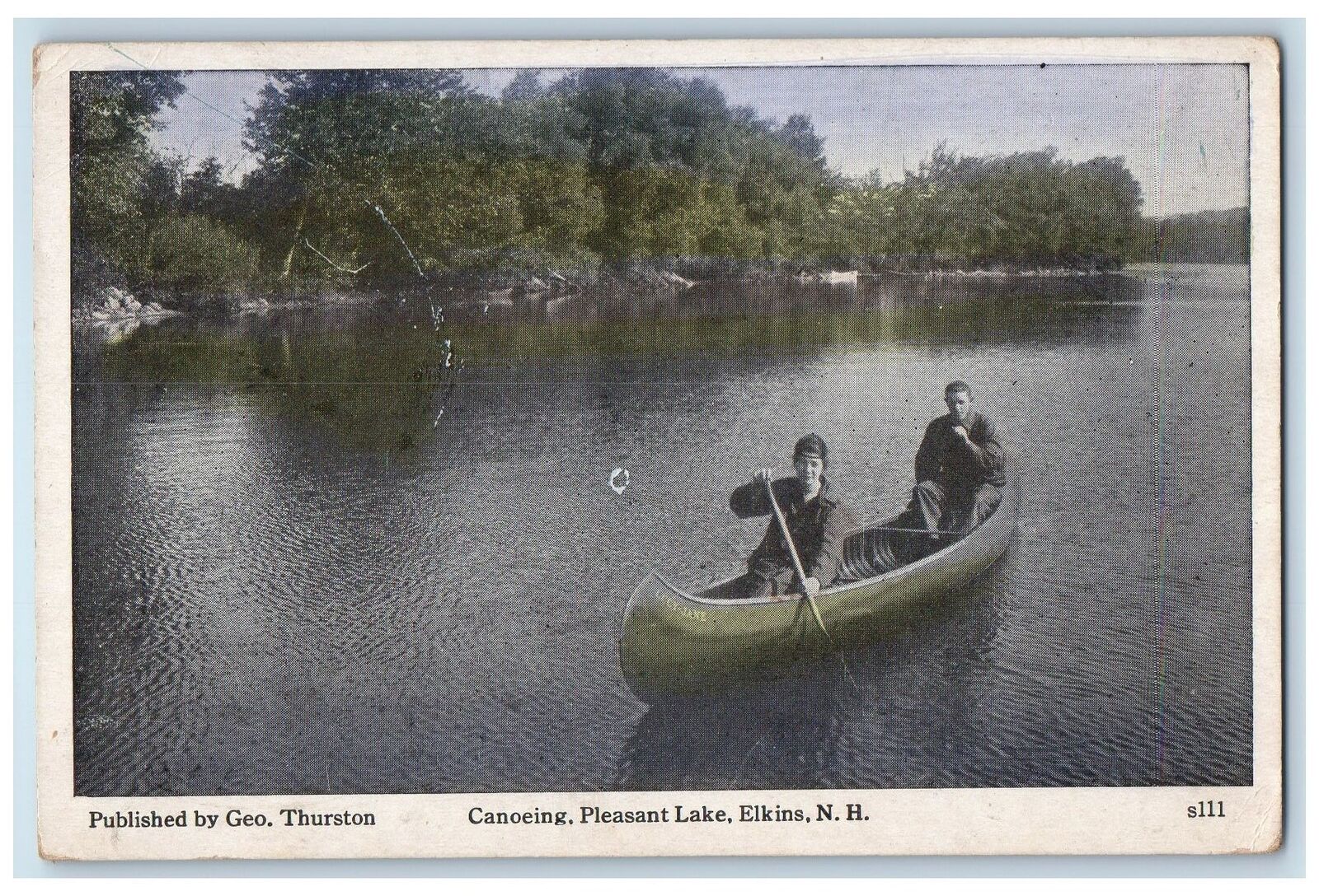 1931 Boat Canoeing Scene Pleasant Lake Elkins Canaan Center NH Vintage Postcard