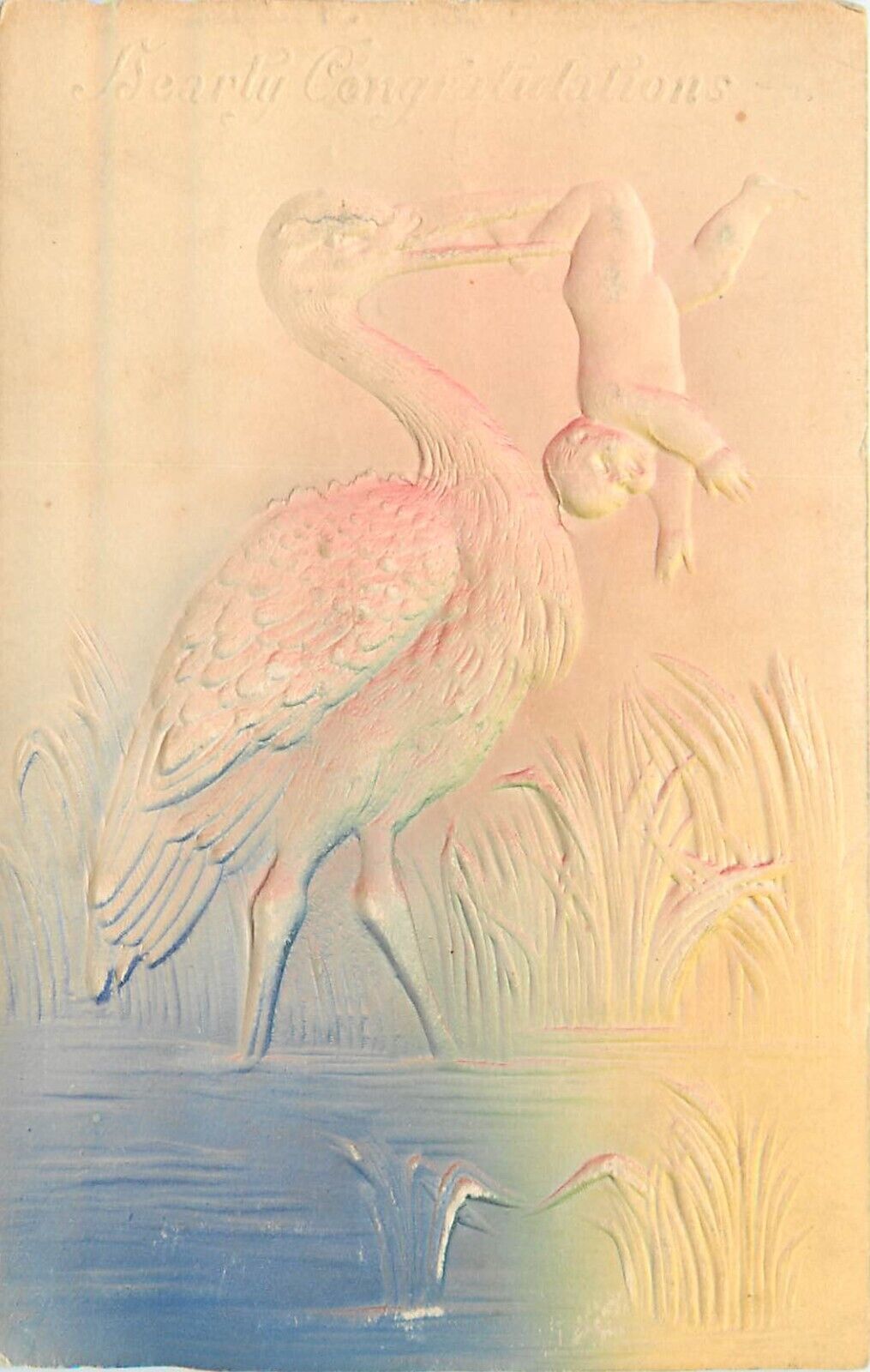 Embossed Airbrush Postcard Wetlands Stork holds Baby Upside Down Congratulations