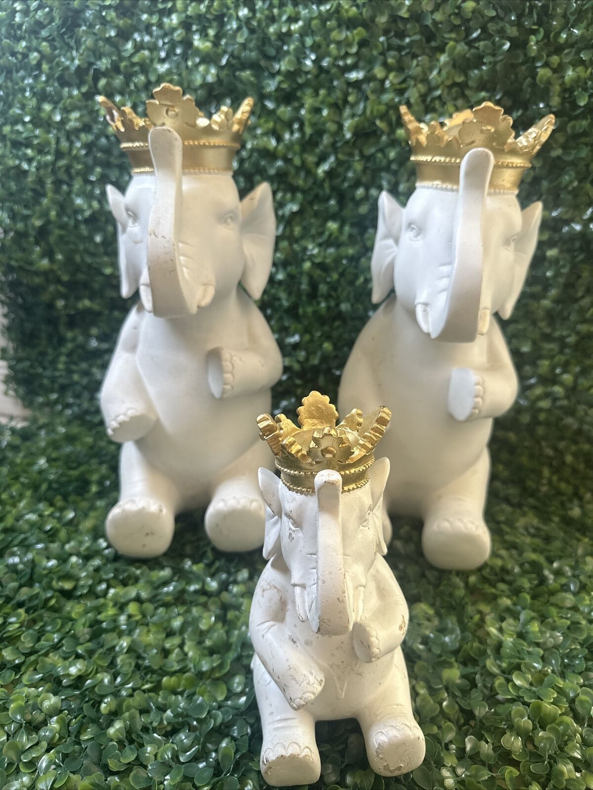 Vintage Lucky Japanese Chinese Set Of 3 White Elephant  Sculpture Resin
