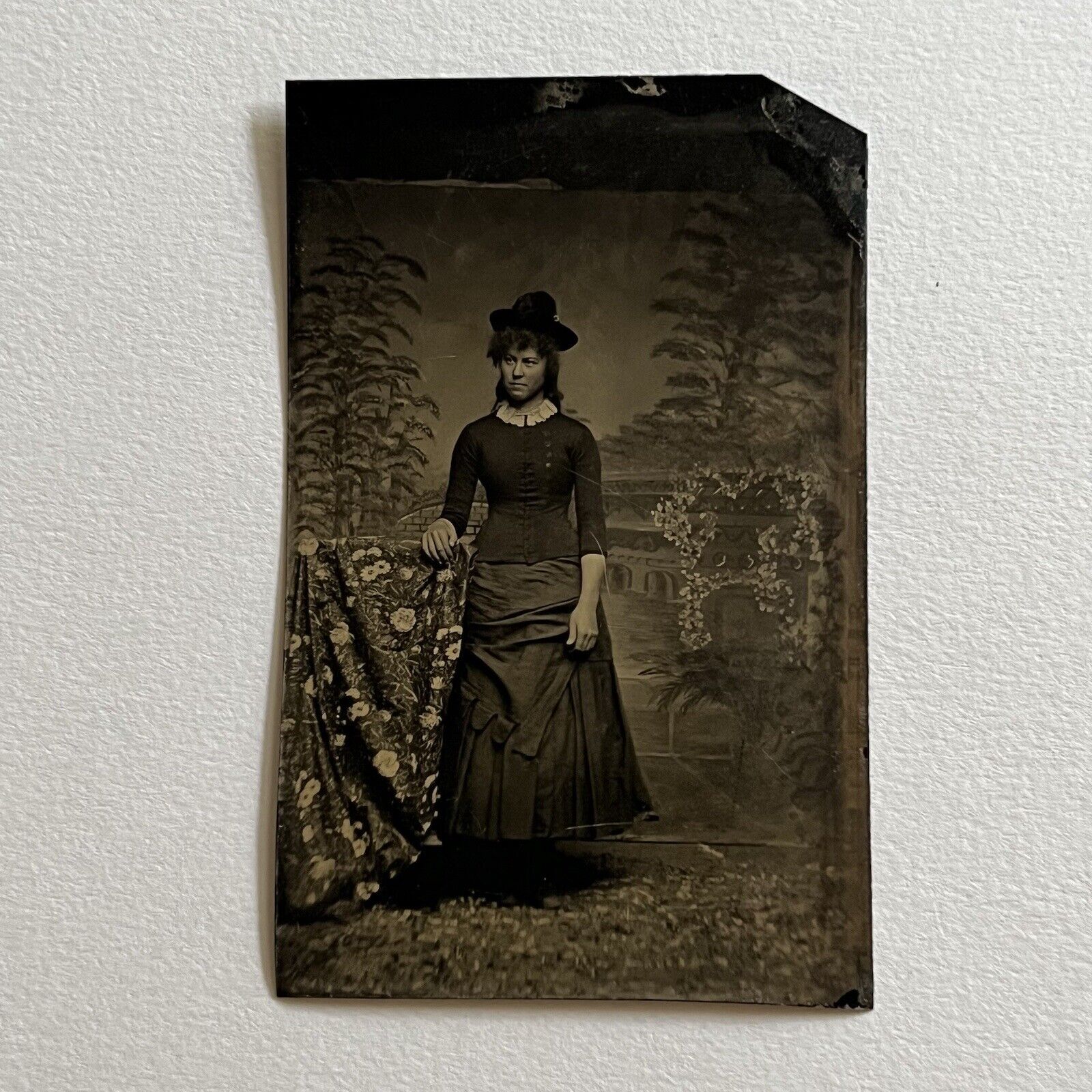 Antique Tintype Photograph Beautiful Young Woman Unique Dress Hat Witch Odd
