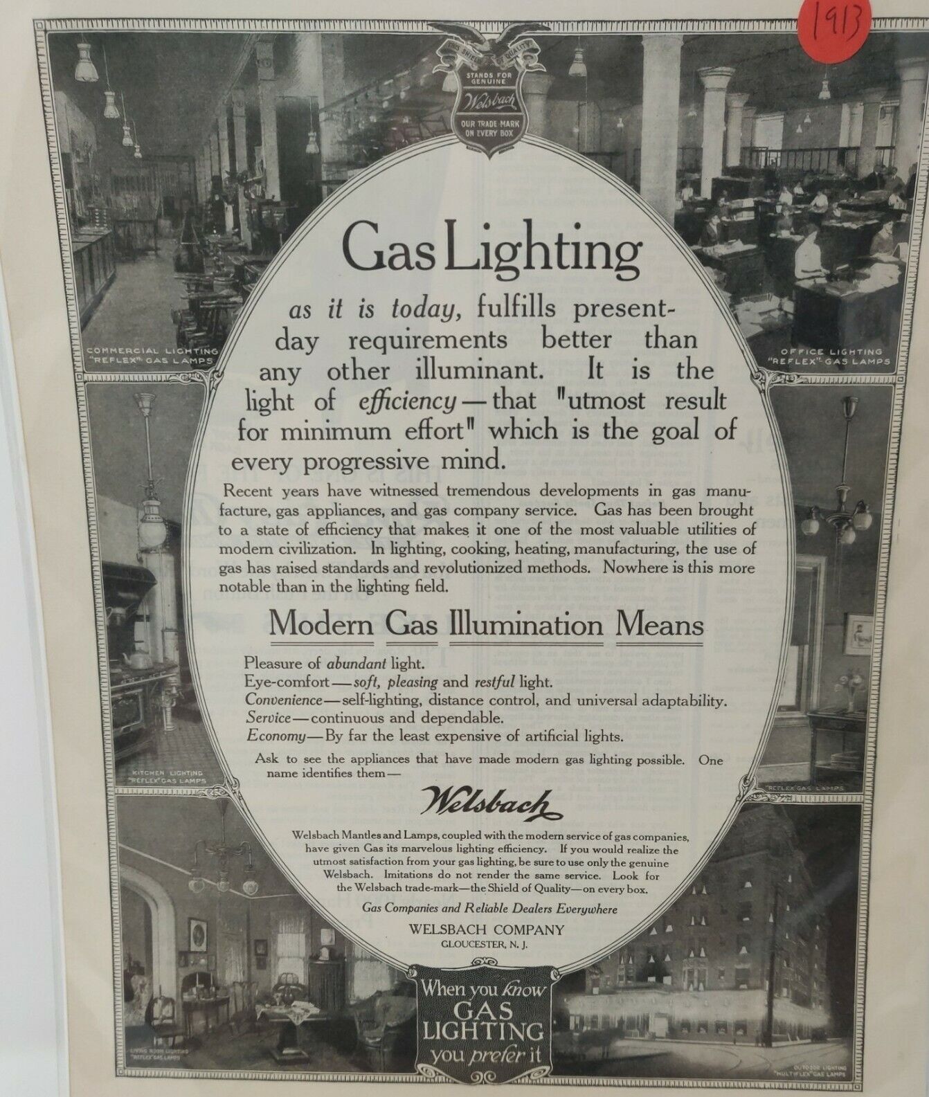 Vintage Antique 1913 Welsbach Gaslighting Advertisement 
