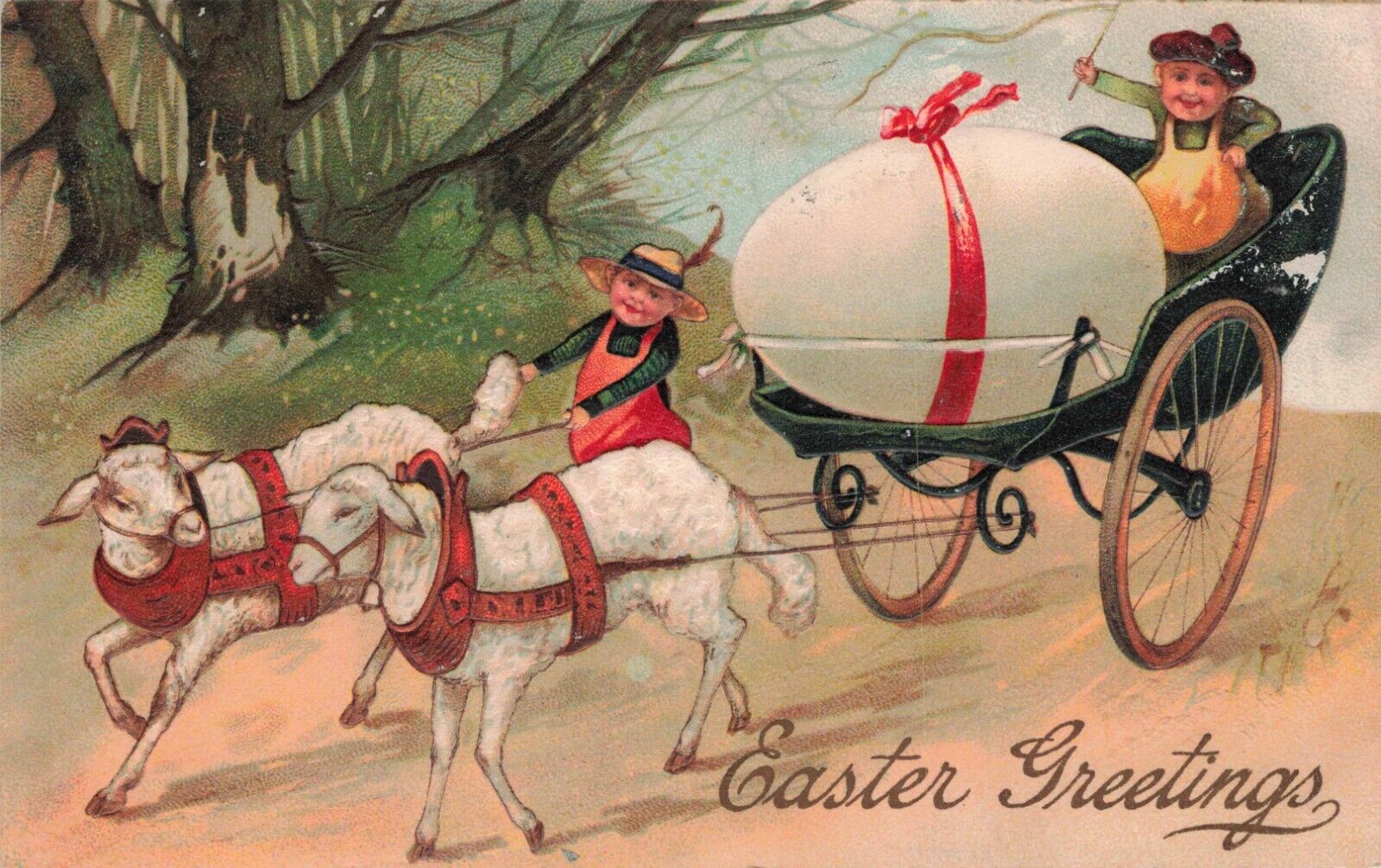 PFB Easter Sheep Pulling Egg Wagon Fantasy c1909 Embossed Vintage Postcard