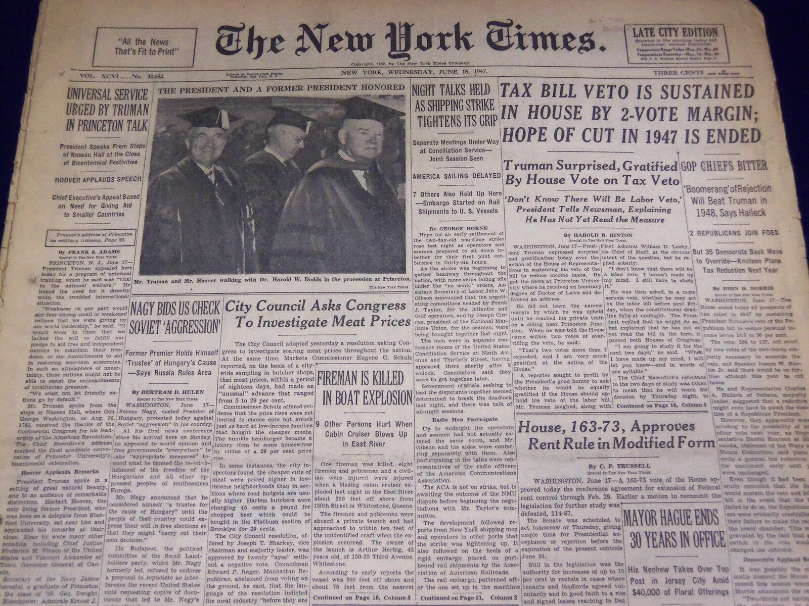 1947 JUNE 18 NEW YORK TIMES - TRUMAN AND HOOVEK HONORED - NT 3263