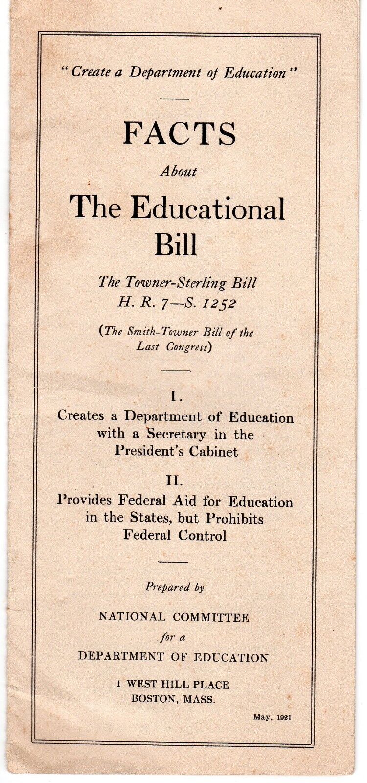 1921 Pamphlet Promoting Cabinet Level Department of Education