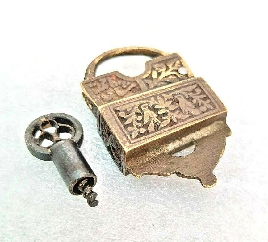 Rare 1850's Old Antique Iron Brass Unique Shape Engraved Screw System Lock & Key