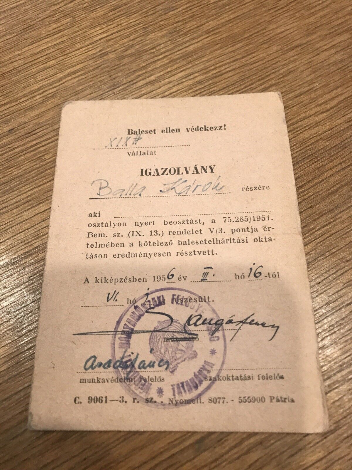 *RARE* 1956 Hungarian State Document Balla Karoly Safety Certification Communist