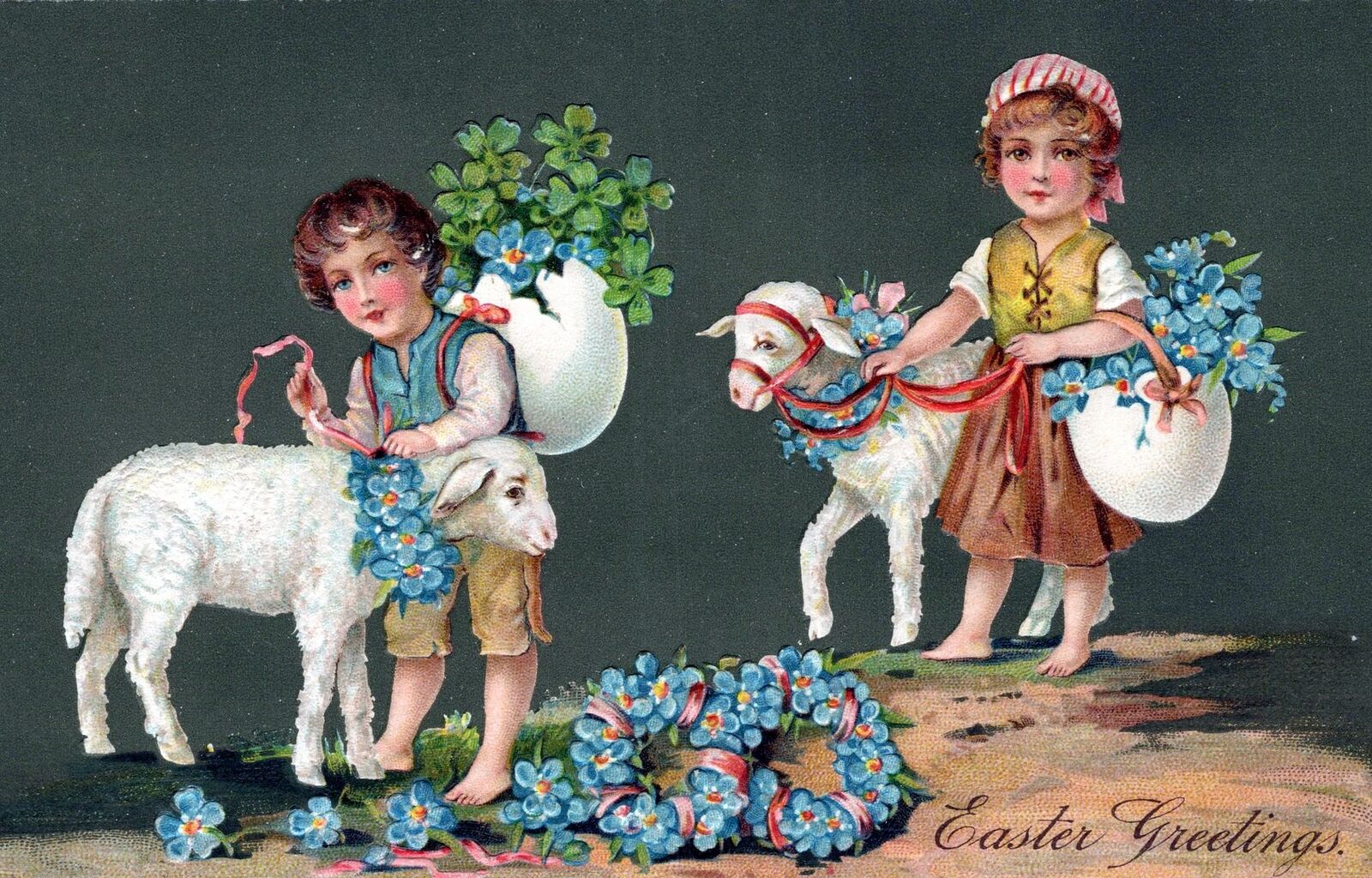 EASTER - Children And Leashed Lambs Easter Greetings PFB Postcard