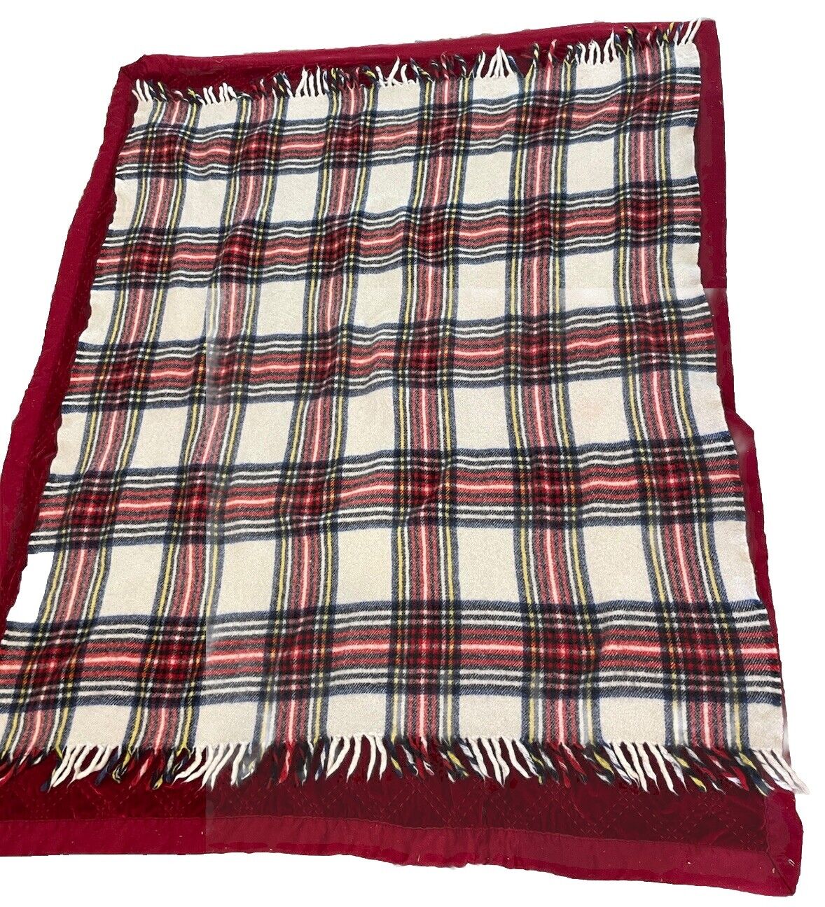 Vintage Plaid 100% Wool Throw / Stadium Blanket 44” x  46”, Cream, Red And Blue