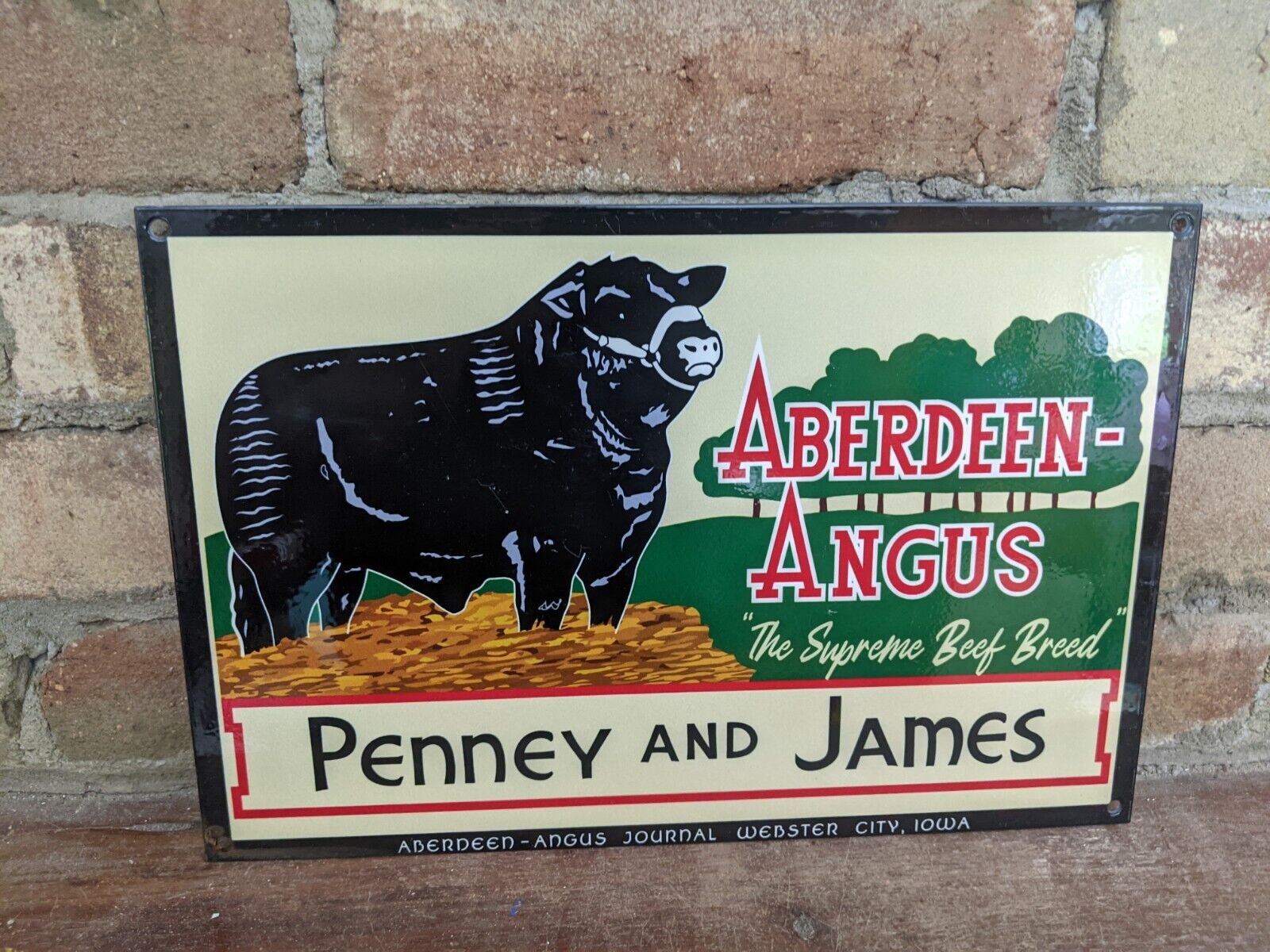 VINTAGE ABERDEEN ANGUS PENNY & JAMES HEAVY PORCELAIN METAL FARM SIGN 12