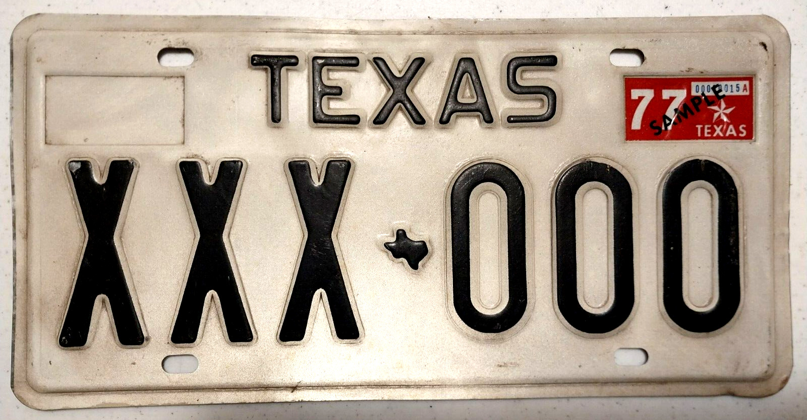 Vintage 1977 Texas Sample License Plate XXX-000