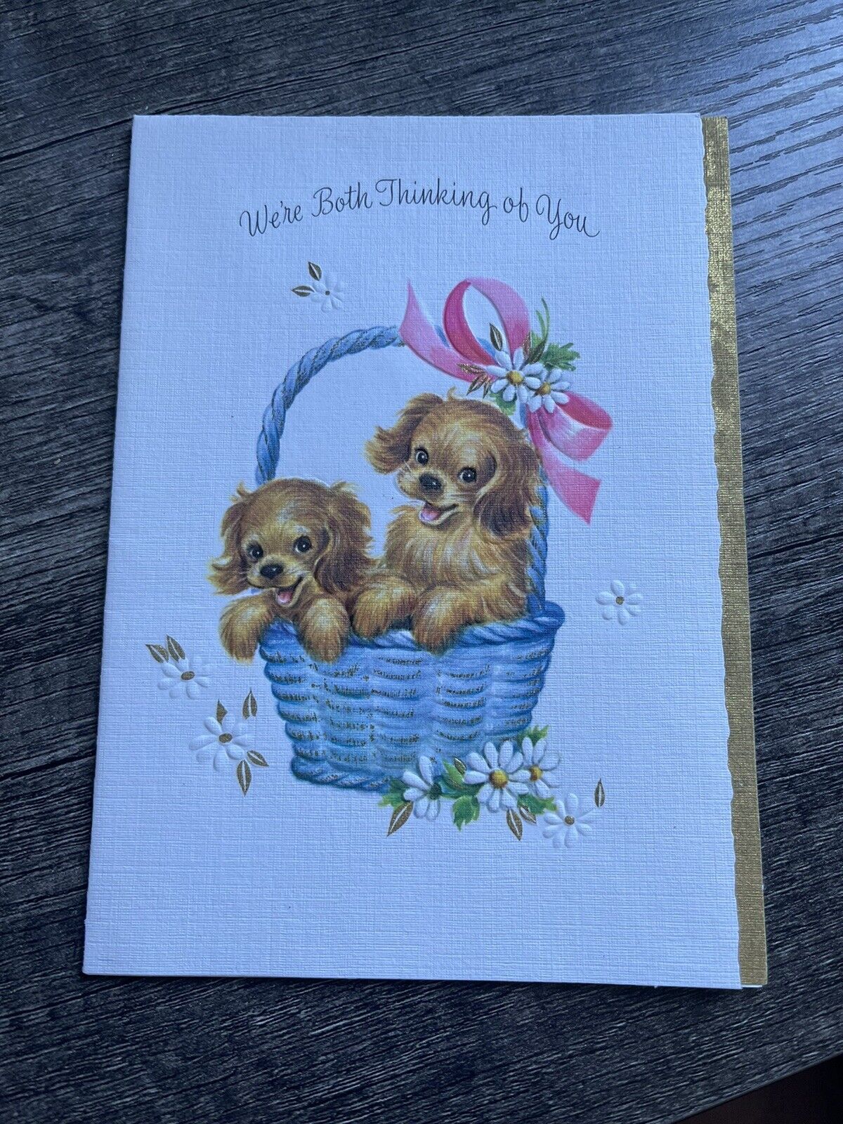 VINTAGE RUST CRAFT WERE BOTH THINKING OF YOU PUPPIES BASKET GREETING CARD