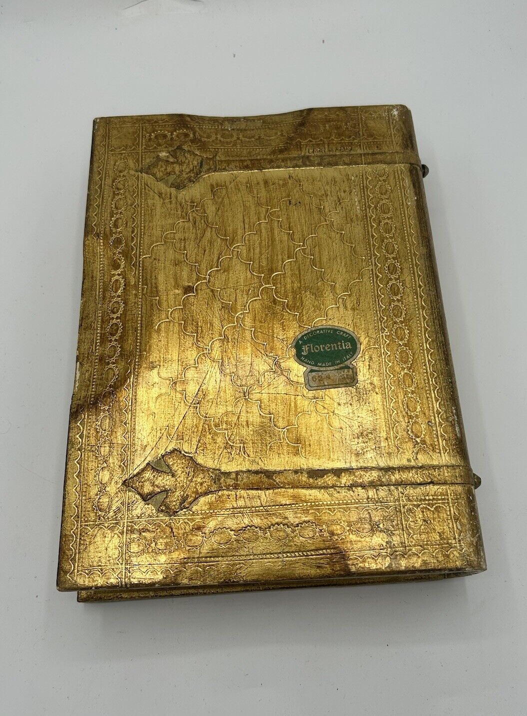 Florentia Stacked Book Wooden Box Cloth Lined Florentine Italy Vintage Gilt Wood