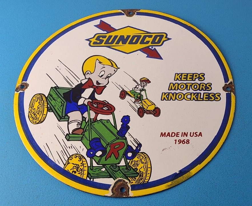 Vintage Sunoco Gasoline Porcelain Sign - Knockless Old Car Cartoon Gas Pump Sign