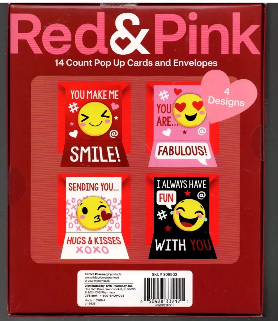 Red & Pink 14 Pop Up  Cards & Envelope Emoji Smiley Faces New