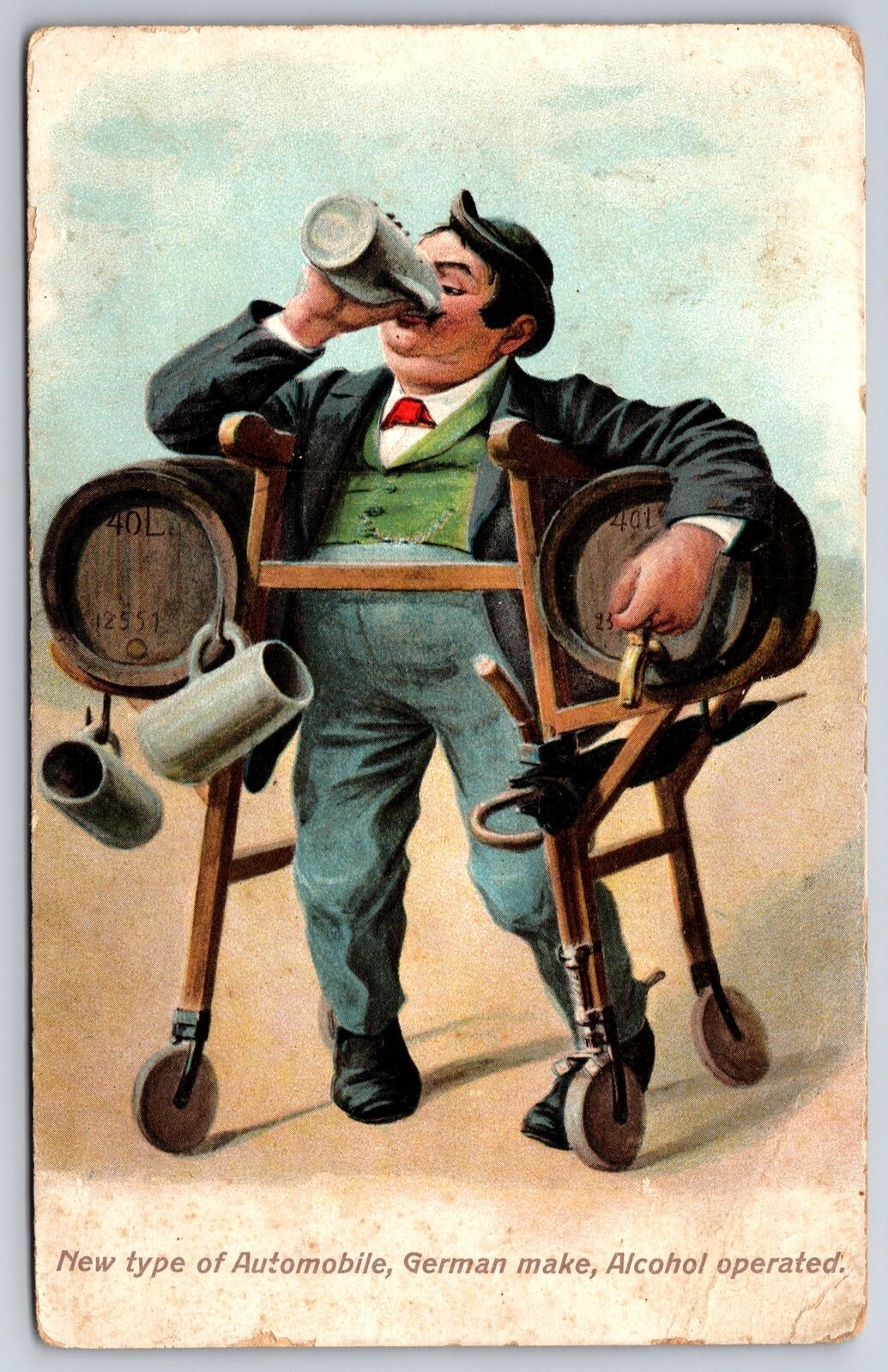 Comic~Alcohol Operated Auto~Beer Kegs Hold Man Up @ Drinking~German Make 1908
