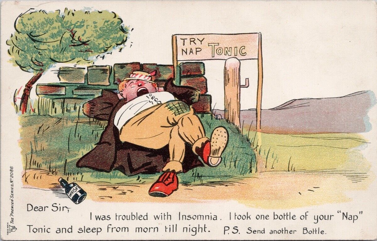 Nap Tonic Comic Drunk Man Sleeping Whisky Bottle Insomnia Premier Postcard H31